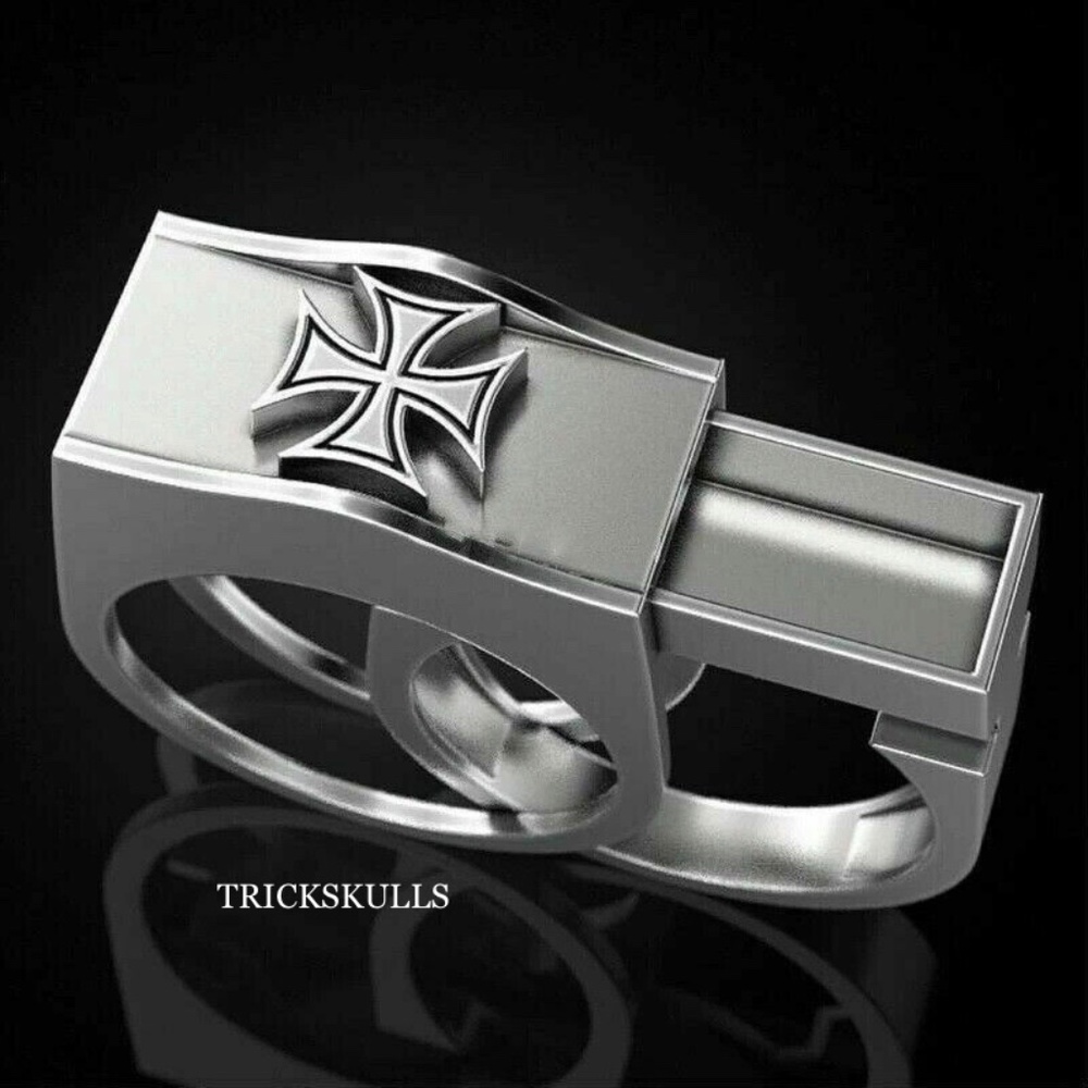 Silver Stainless Steel Maltese Cross Secret Compartment Poison Pill Ring Sz 8-12